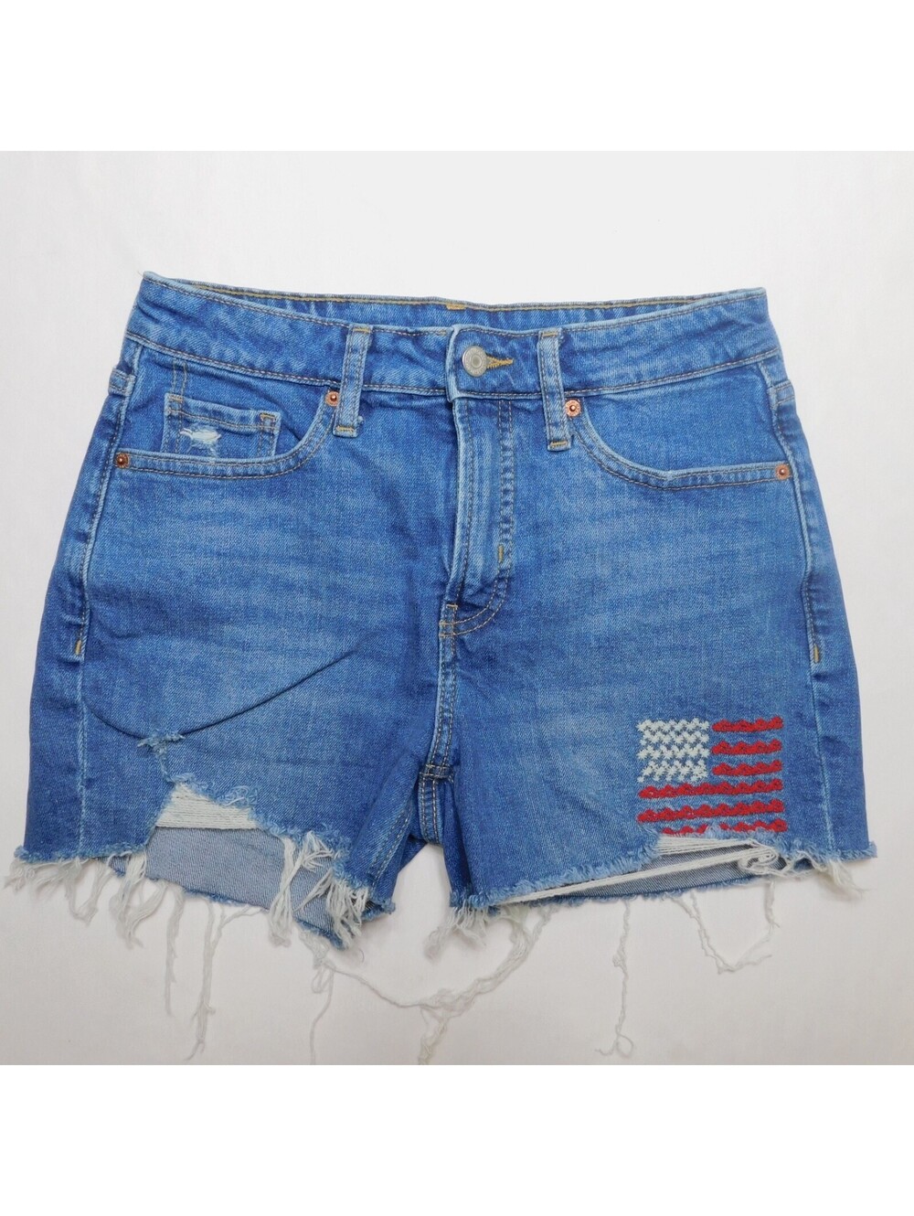Old Navy Cutoff Blue Jean Denim Shorts Embroidered USA Flag Patriotic Size 4